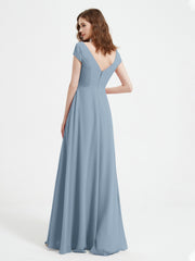 A-line V-neck Chiffon Ruched Floor-length Dress Dusty Blue