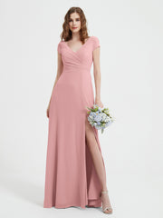 A-line V-neck Chiffon Ruched Floor-length Dress Dusty Rose Plus Size