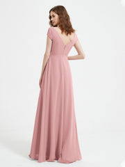 A-line V-neck Chiffon Ruched Floor-length Dress Dusty Rose Plus Size