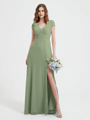 A-line V-neck Chiffon Ruched Floor-length Dress Dusty Sage