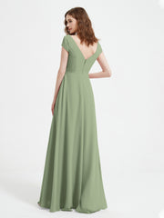A-line V-neck Chiffon Ruched Floor-length Dress Dusty Sage Plus Size