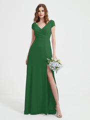 A-line V-neck Chiffon Ruched Floor-length Dress Emerald
