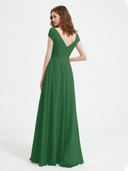 A-line V-neck Chiffon Ruched Floor-length Dress Emerald