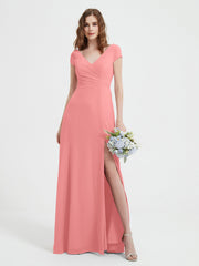 A-line V-neck Chiffon Ruched Floor-length Dress Flamingo