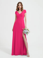 A-line V-neck Chiffon Ruched Floor-length Dress Fuchsia
