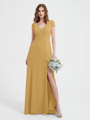 A-line V-neck Chiffon Ruched Floor-length Dress Gold