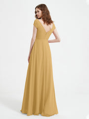 A-line V-neck Chiffon Ruched Floor-length Dress Gold