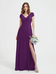 A-line V-neck Chiffon Ruched Floor-length Dress Grape