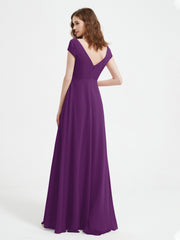 A-line V-neck Chiffon Ruched Floor-length Dress Grape