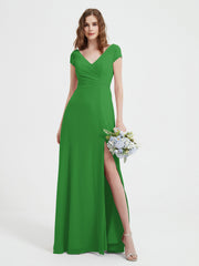 A-line V-neck Chiffon Ruched Floor-length Dress Green Plus Size
