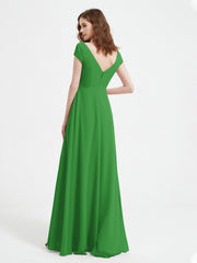 A-line V-neck Chiffon Ruched Floor-length Dress Green Plus Size