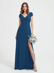 A-line V-neck Chiffon Ruched Floor-length Dress Ink Blue