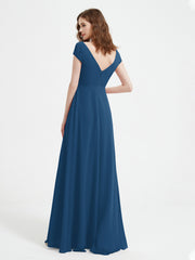 A-line V-neck Chiffon Ruched Floor-length Dress Ink Blue