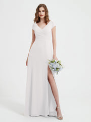 A-line V-neck Chiffon Ruched Floor-length Dress Ivory