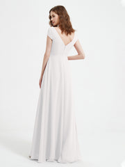 A-line V-neck Chiffon Ruched Floor-length Dress Ivory