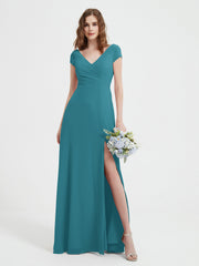 A-line V-neck Chiffon Ruched Floor-length Dress Jade