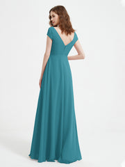 A-line V-neck Chiffon Ruched Floor-length Dress Jade