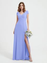 A-line V-neck Chiffon Ruched Floor-length Dress Lavender Plus Size