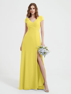 A-line V-neck Chiffon Ruched Floor-length Dress Lemon