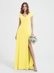 A-line V-neck Chiffon Ruched Floor-length Dress Lemon