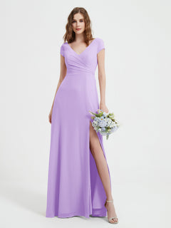 A-line V-neck Chiffon Ruched Floor-length Dress Lilac