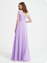A-line V-neck Chiffon Ruched Floor-length Dress Lilac