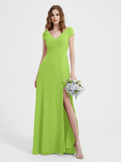 A-line V-neck Chiffon Ruched Floor-length Dress Lime Green