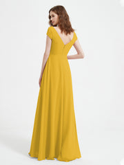 A-line V-neck Chiffon Ruched Floor-length Dress Marigold