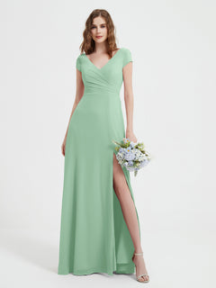 A-line V-neck Chiffon Ruched Floor-length Dress Mint Green