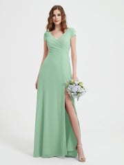 A-line V-neck Chiffon Ruched Floor-length Dress Mint Green Plus Size
