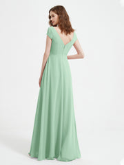 A-line V-neck Chiffon Ruched Floor-length Dress Mint Green