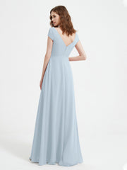 A-line V-neck Chiffon Ruched Floor-length Dress Mist