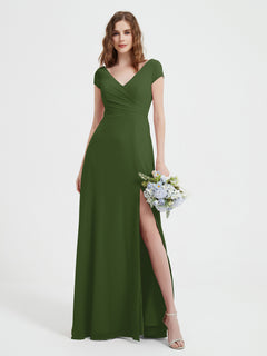 A-line V-neck Chiffon Ruched Floor-length Dress Moss