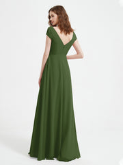 A-line V-neck Chiffon Ruched Floor-length Dress Moss