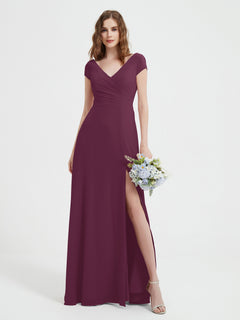 A-line V-neck Chiffon Ruched Floor-length Dress Mulberry