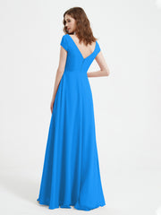 A-line V-neck Chiffon Ruched Floor-length Dress Ocean Blue
