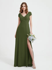 A-line V-neck Chiffon Ruched Floor-length Dress Olive Green