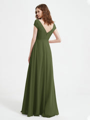 A-line V-neck Chiffon Ruched Floor-length Dress Olive Green