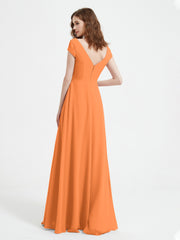 A-line V-neck Chiffon Ruched Floor-length Dress Orange