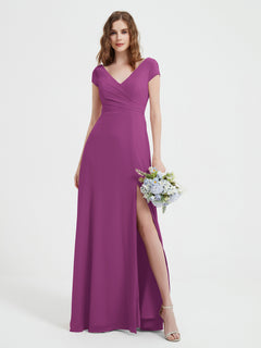 A-line V-neck Chiffon Ruched Floor-length Dress Orchid