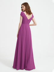 A-line V-neck Chiffon Ruched Floor-length Dress Orchid