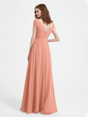A-line V-neck Chiffon Ruched Floor-length Dress Papaya