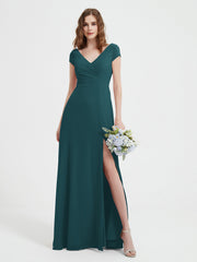 A-line V-neck Chiffon Ruched Floor-length Dress Peacock Plus Size
