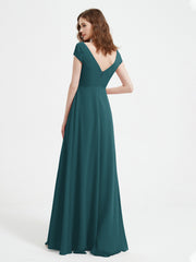 A-line V-neck Chiffon Ruched Floor-length Dress Peacock