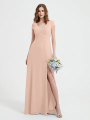 A-line V-neck Chiffon Ruched Floor-length Dress Pearl Pink