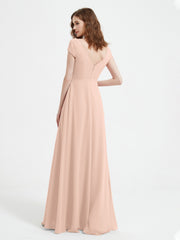 A-line V-neck Chiffon Ruched Floor-length Dress Pearl Pink Plus Size