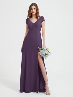 A-line V-neck Chiffon Ruched Floor-length Dress Plum