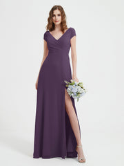 A-line V-neck Chiffon Ruched Floor-length Dress Plum Plus Size