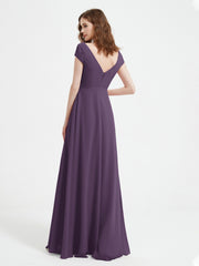 A-line V-neck Chiffon Ruched Floor-length Dress Plum