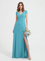 A-line V-neck Chiffon Ruched Floor-length Dress Pool